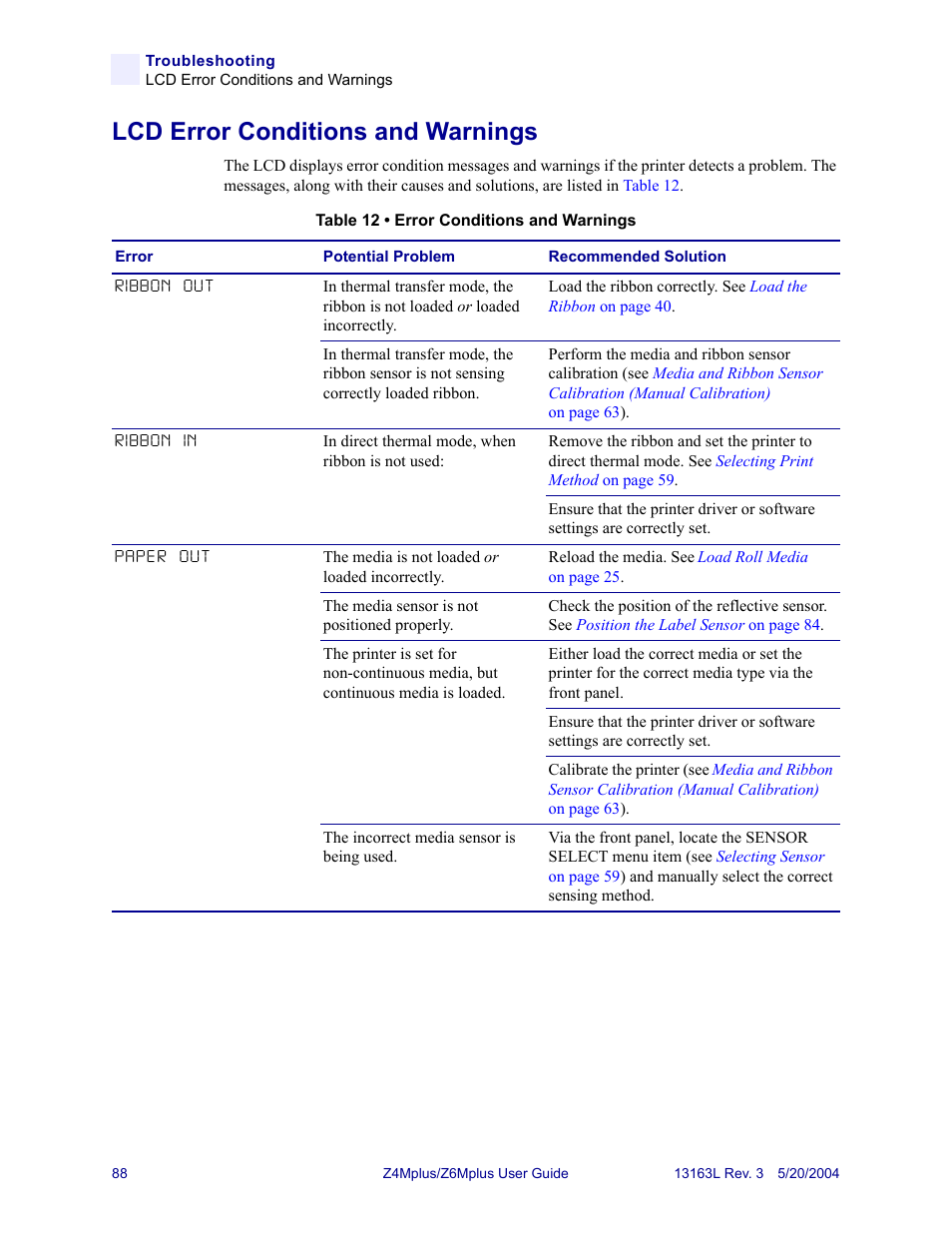 Lcd error conditions and warnings | Zebra Technologies Z6Mplus User Manual | Page 106 / 142