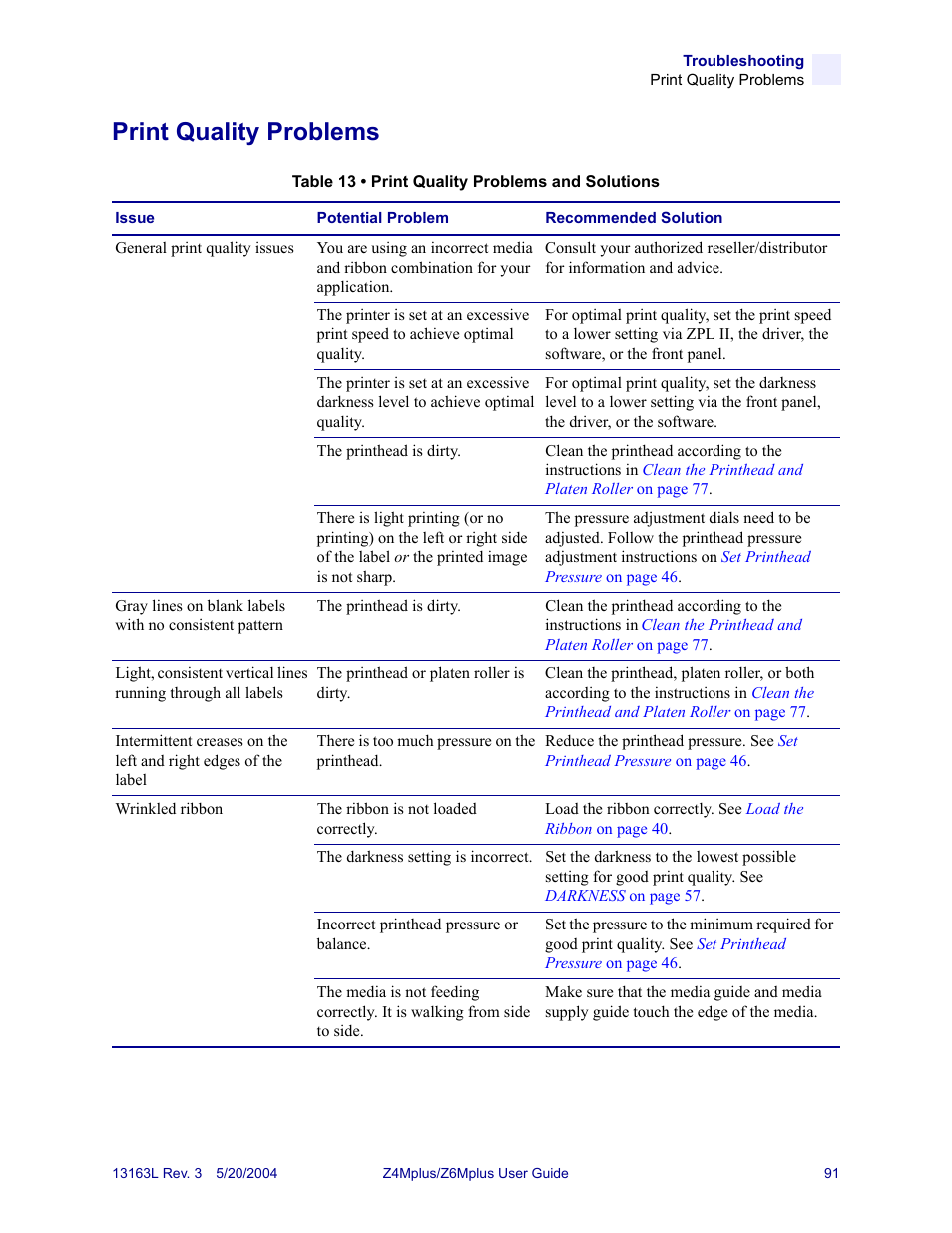 Print quality problems | Zebra Technologies Z6Mplus User Manual | Page 109 / 142