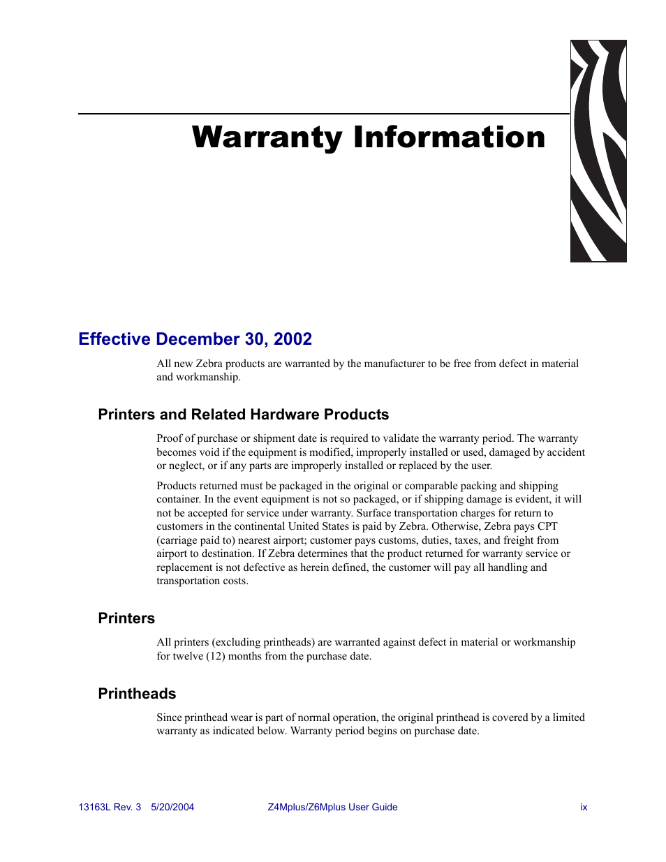 Warranty information | Zebra Technologies Z6Mplus User Manual | Page 11 / 142