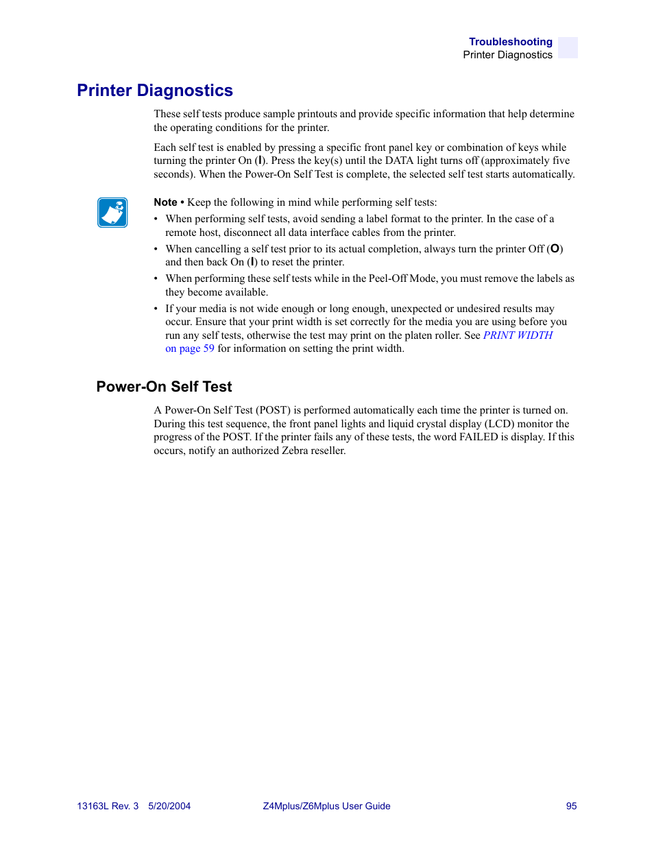 Printer diagnostics, Power-on self test | Zebra Technologies Z6Mplus User Manual | Page 113 / 142