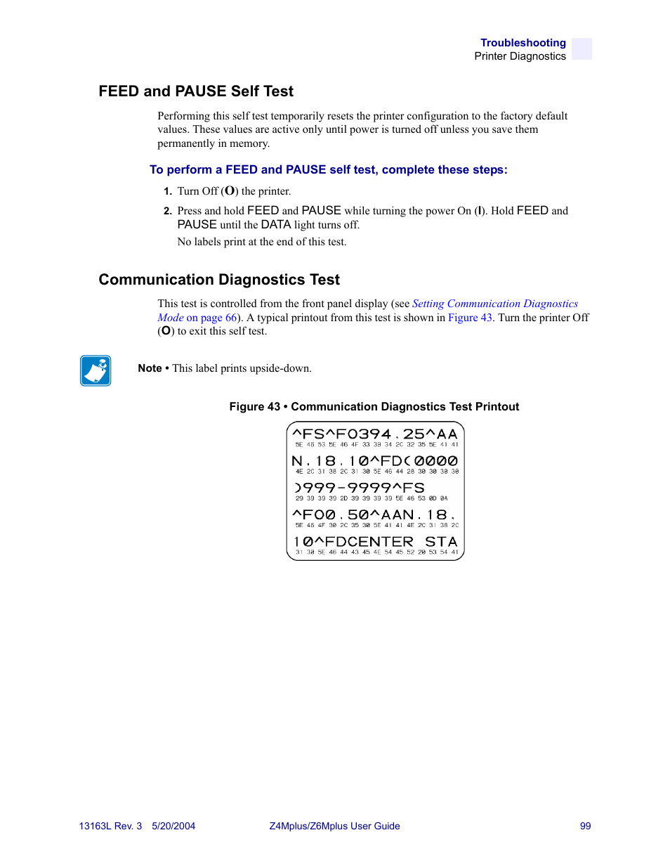 Feed and pause self test, Communication diagnostics test | Zebra Technologies Z6Mplus User Manual | Page 117 / 142