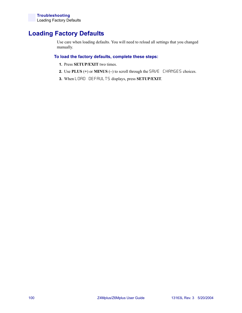 Loading factory defaults | Zebra Technologies Z6Mplus User Manual | Page 118 / 142