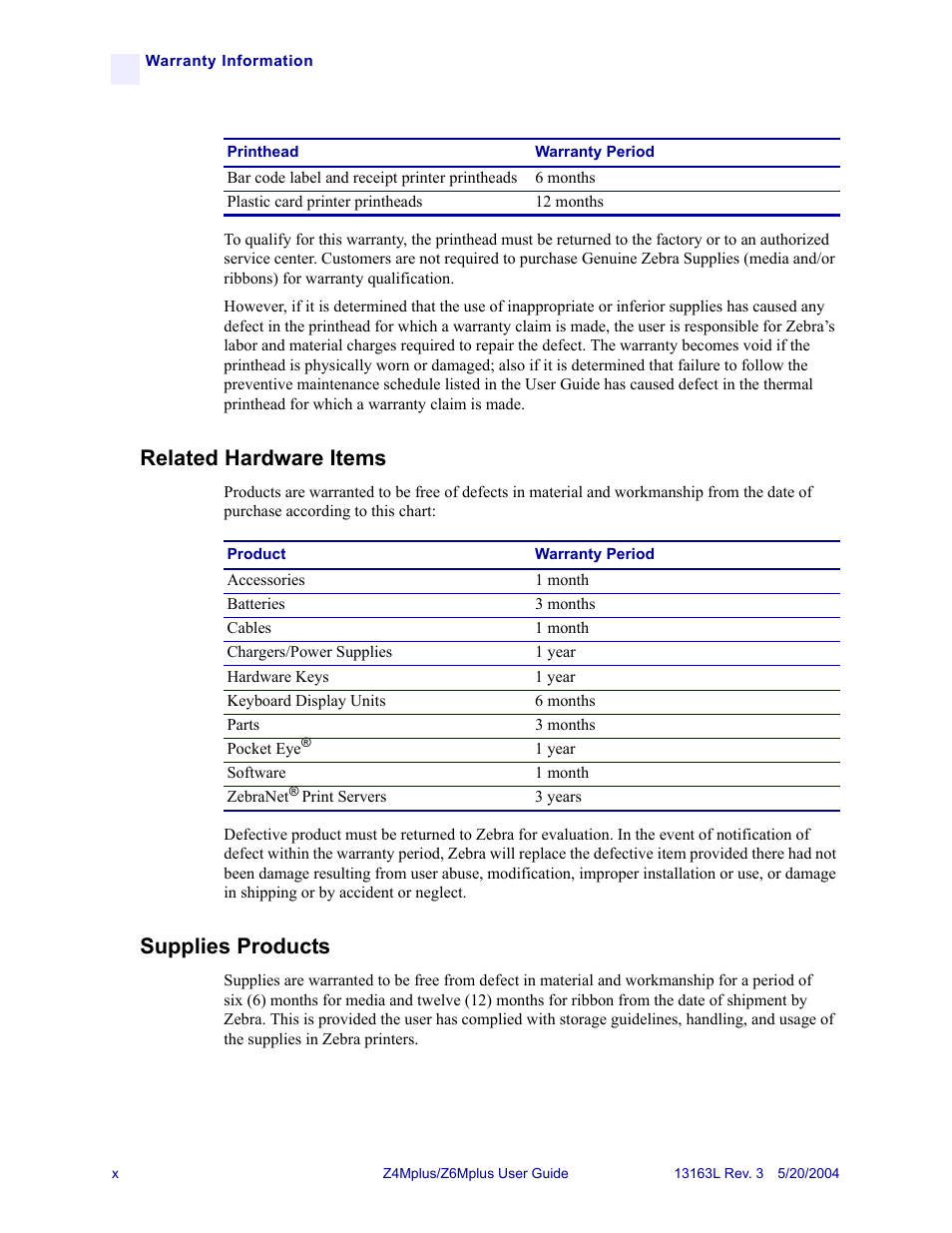 Related hardware items, Supplies products | Zebra Technologies Z6Mplus User Manual | Page 12 / 142