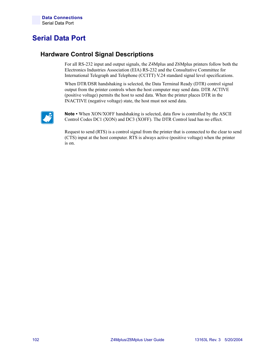 Serial data port, Hardware control signal descriptions | Zebra Technologies Z6Mplus User Manual | Page 120 / 142