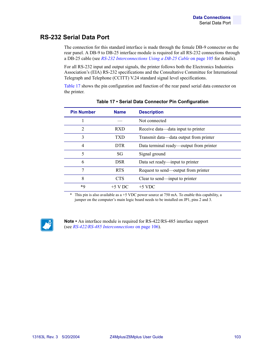 Rs-232 serial data port | Zebra Technologies Z6Mplus User Manual | Page 121 / 142