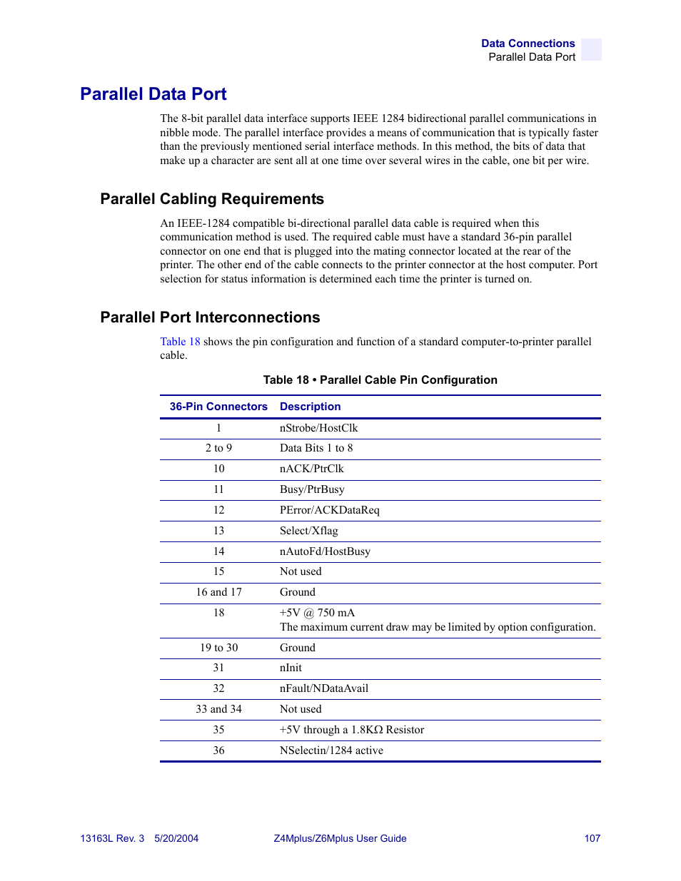Parallel data port, Parallel cabling requirements, Parallel port interconnections | Zebra Technologies Z6Mplus User Manual | Page 125 / 142