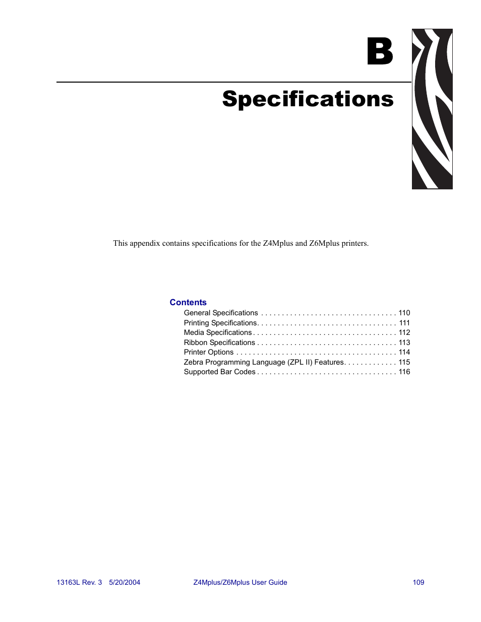 Specifications, B • specifications | Zebra Technologies Z6Mplus User Manual | Page 127 / 142