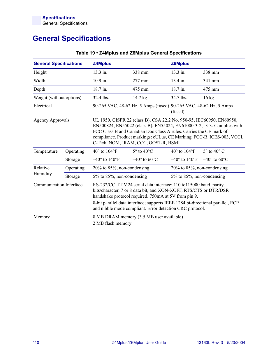 General specifications | Zebra Technologies Z6Mplus User Manual | Page 128 / 142