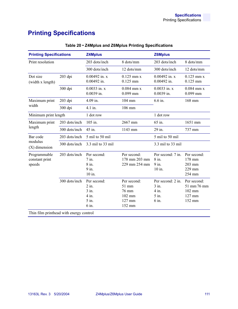 Printing specifications, For further information | Zebra Technologies Z6Mplus User Manual | Page 129 / 142