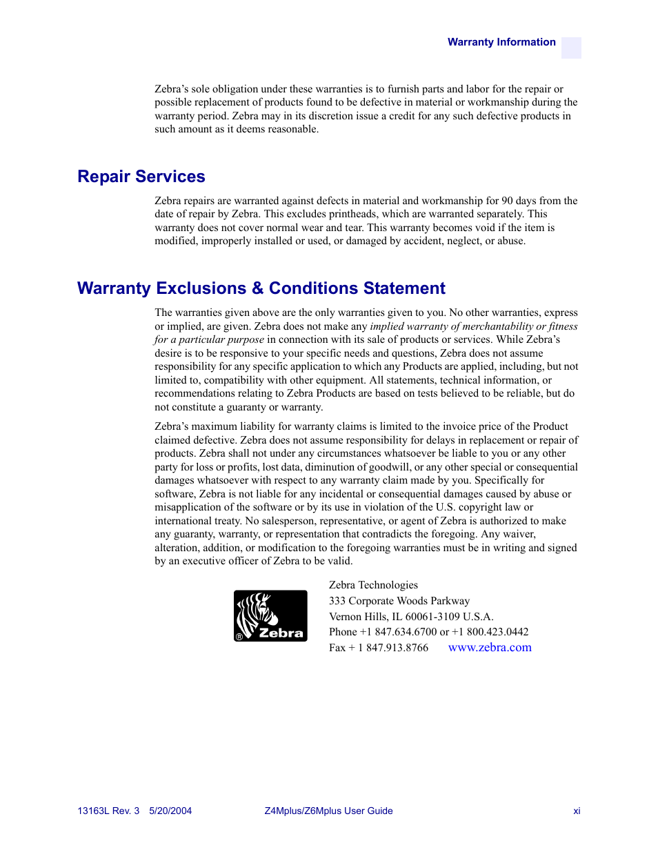 Repair services, Warranty exclusions & conditions statement | Zebra Technologies Z6Mplus User Manual | Page 13 / 142