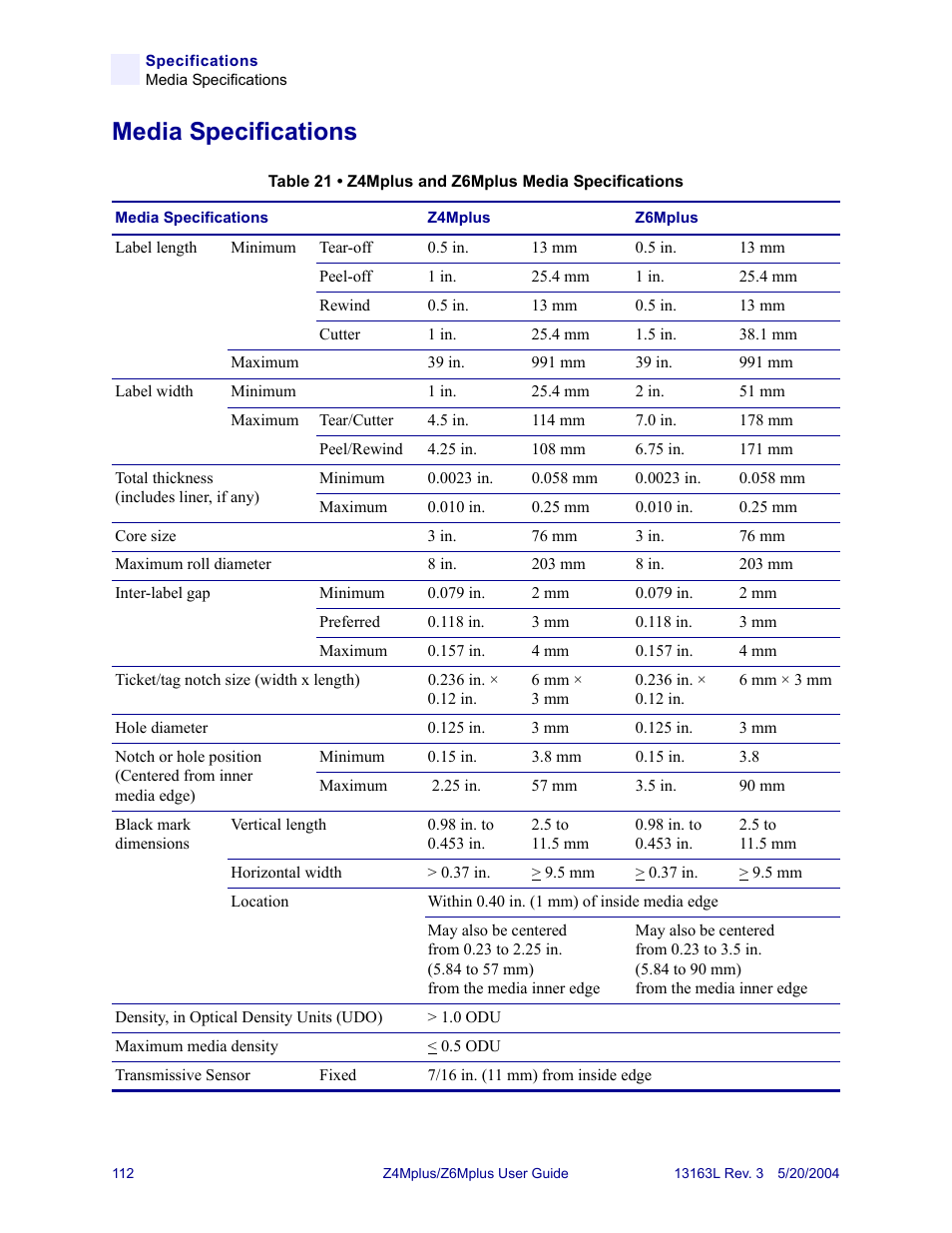 Media specifications | Zebra Technologies Z6Mplus User Manual | Page 130 / 142