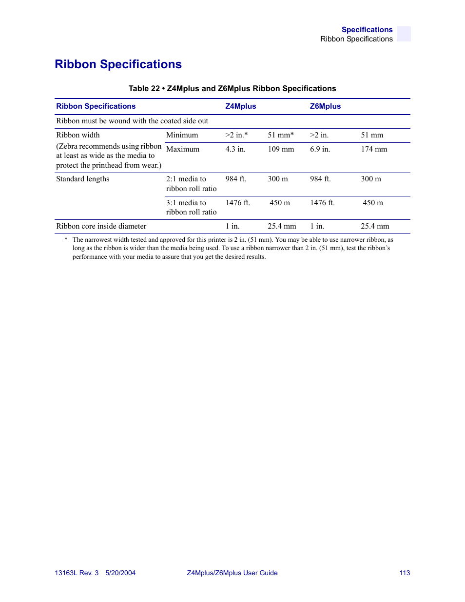 Ribbon specifications | Zebra Technologies Z6Mplus User Manual | Page 131 / 142