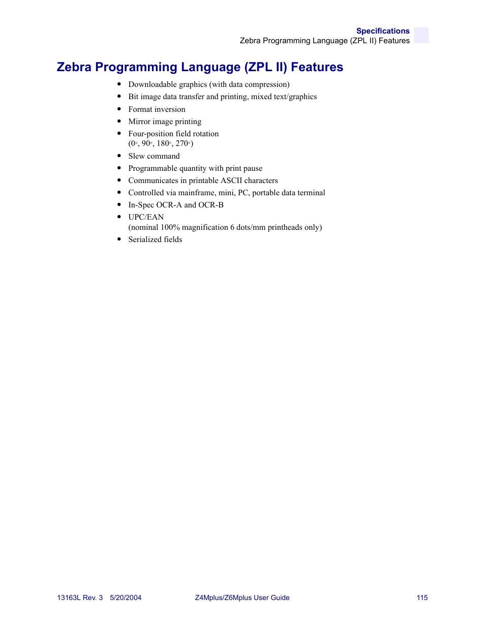 Zebra programming language (zpl ii) features | Zebra Technologies Z6Mplus User Manual | Page 133 / 142