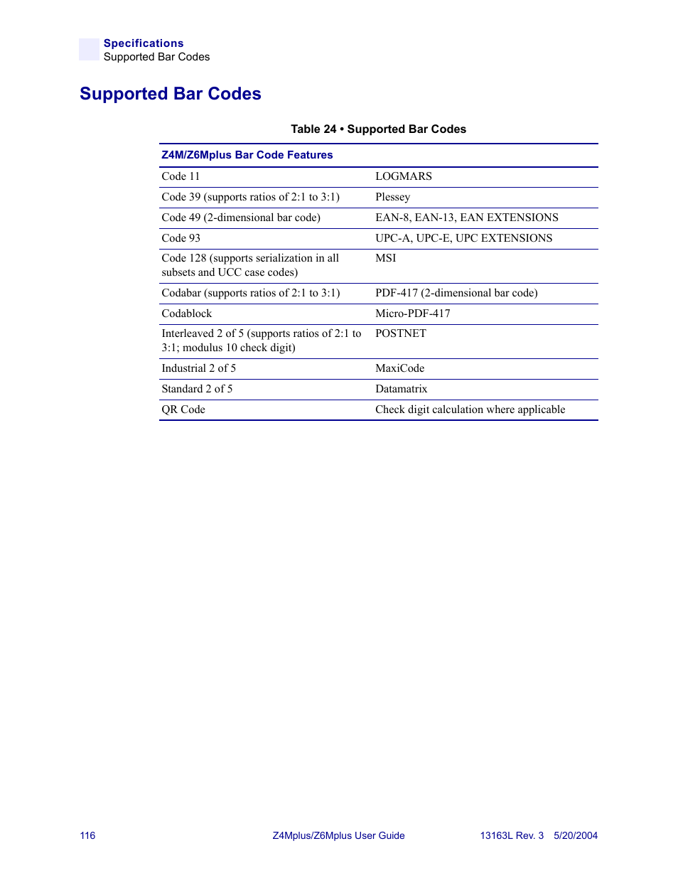 Supported bar codes | Zebra Technologies Z6Mplus User Manual | Page 134 / 142