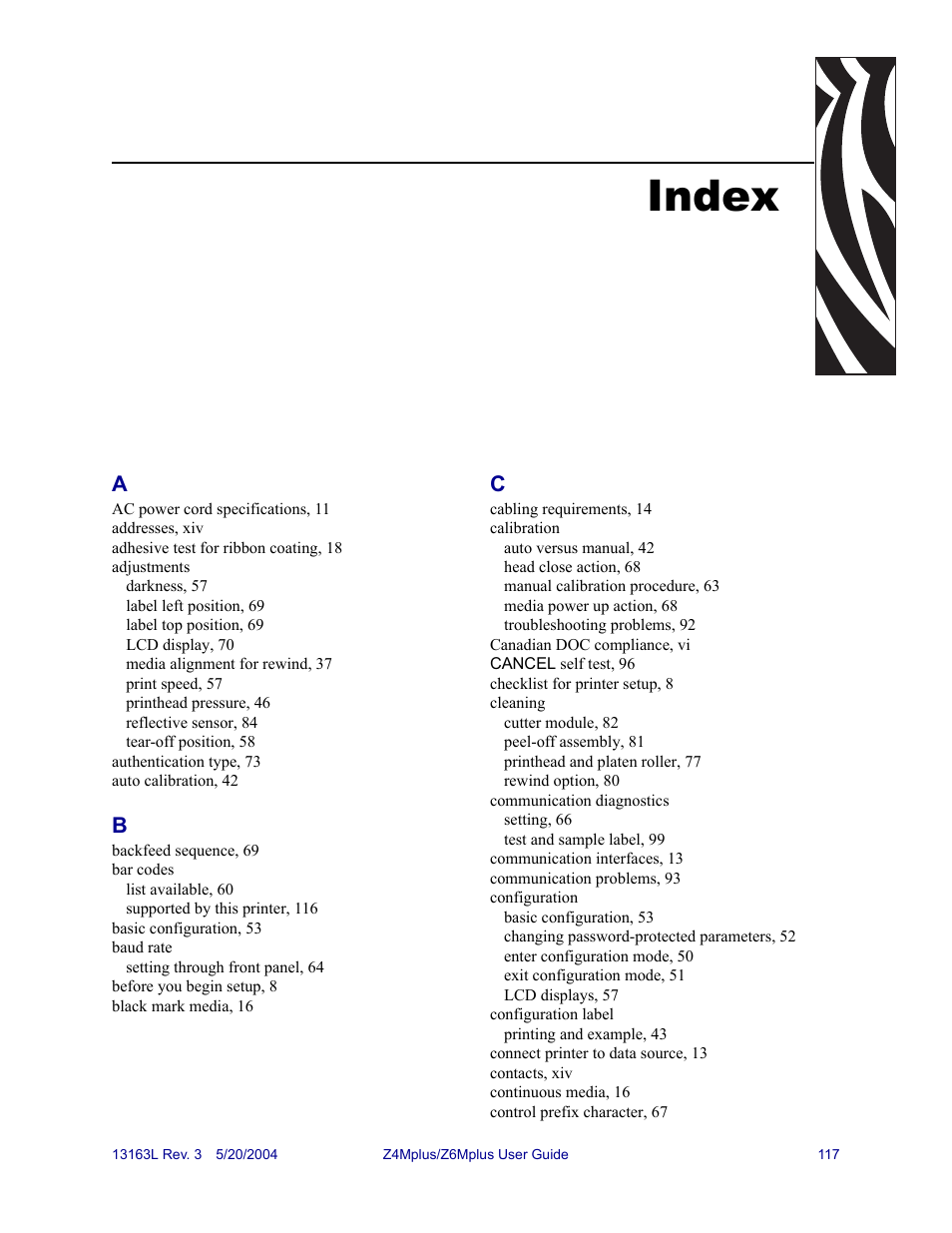 Index | Zebra Technologies Z6Mplus User Manual | Page 135 / 142