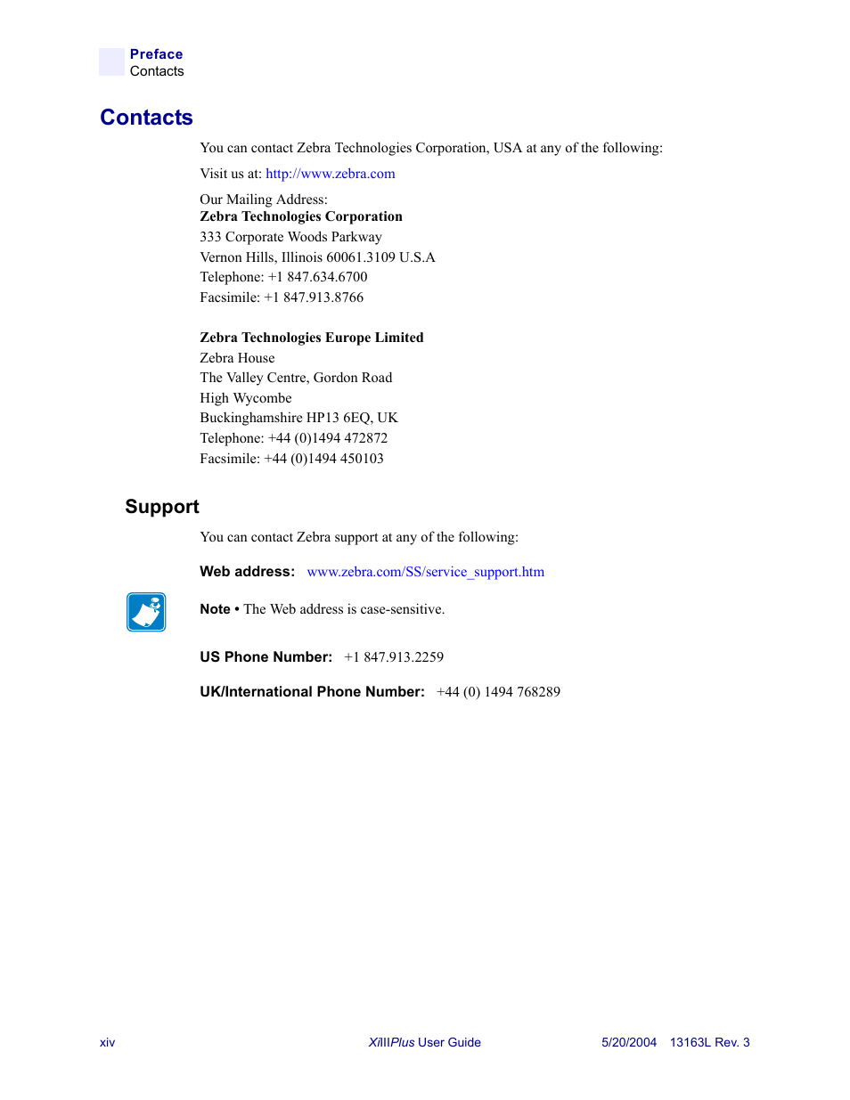 Contacts, Support | Zebra Technologies Z6Mplus User Manual | Page 16 / 142