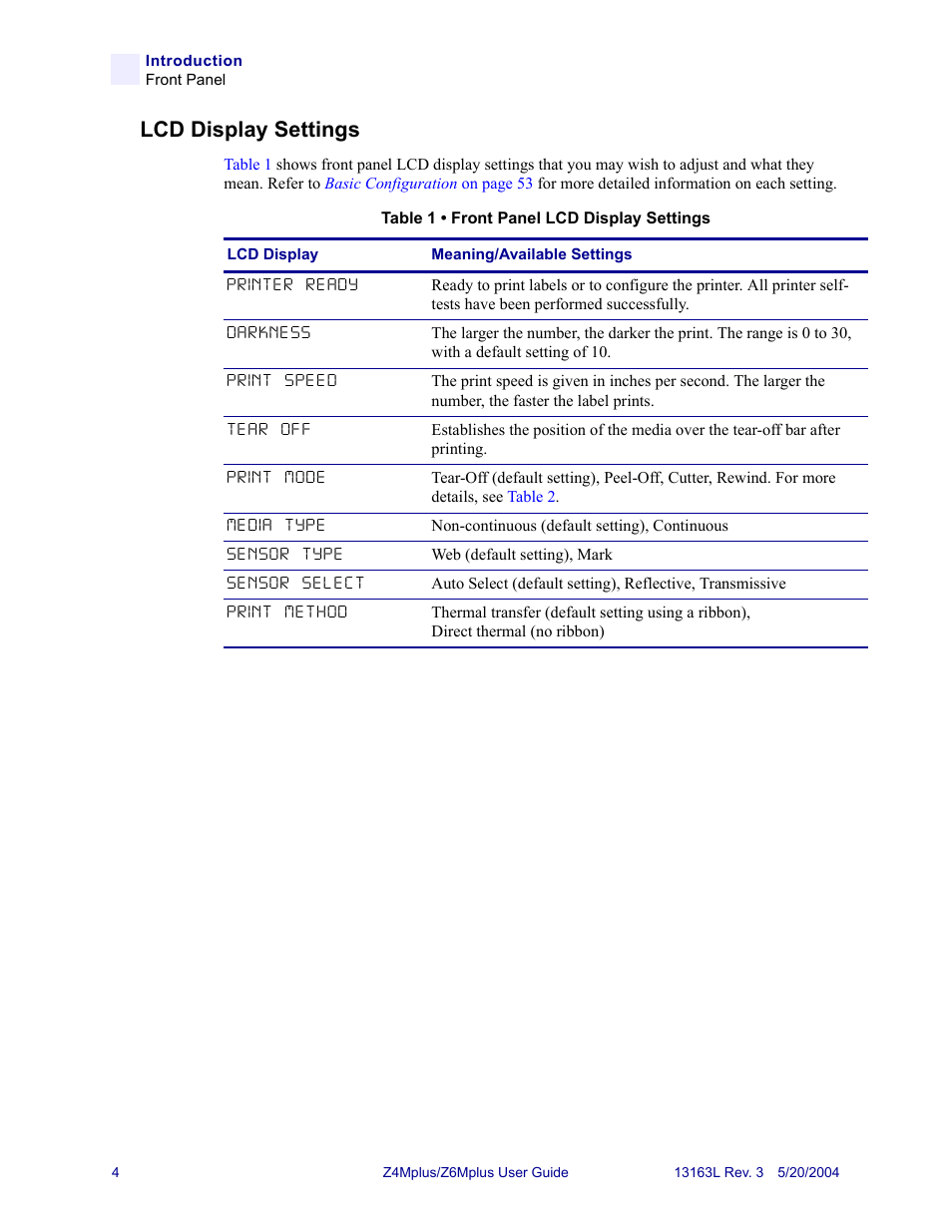 Lcd display settings | Zebra Technologies Z6Mplus User Manual | Page 22 / 142