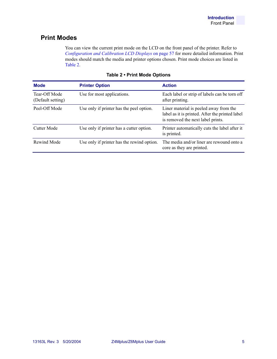 Print modes, Details, see, Table 2 | Zebra Technologies Z6Mplus User Manual | Page 23 / 142