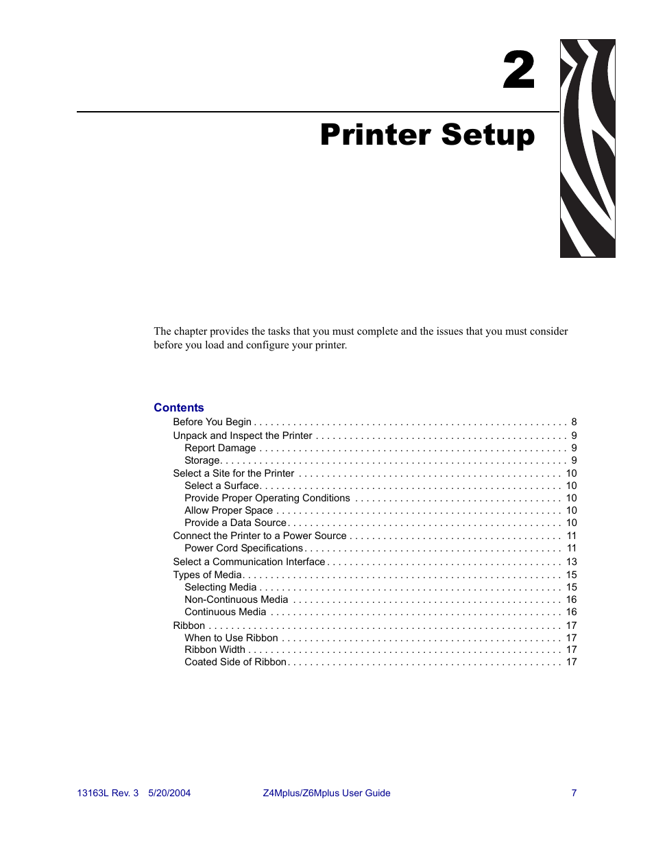 Printer setup, 2 • printer setup | Zebra Technologies Z6Mplus User Manual | Page 25 / 142