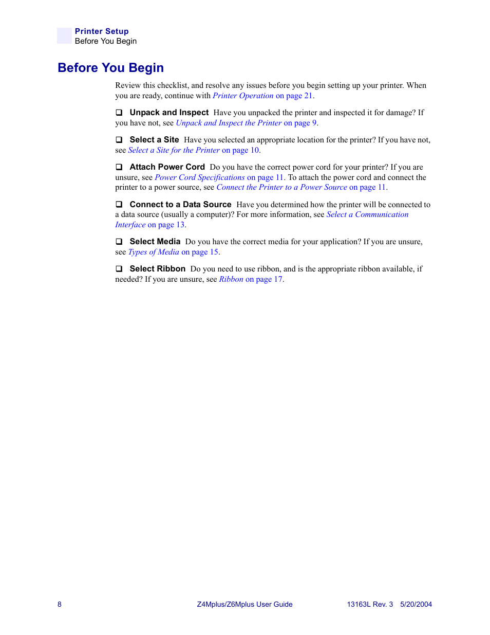 Before you begin | Zebra Technologies Z6Mplus User Manual | Page 26 / 142