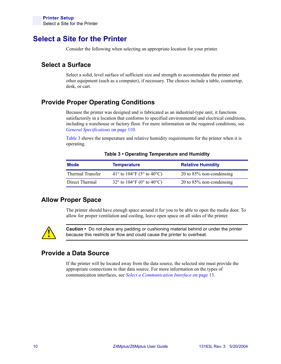 Select a site for the printer, Select a surface, Provide proper operating conditions | Allow proper space, Provide a data source | Zebra Technologies Z6Mplus User Manual | Page 28 / 142