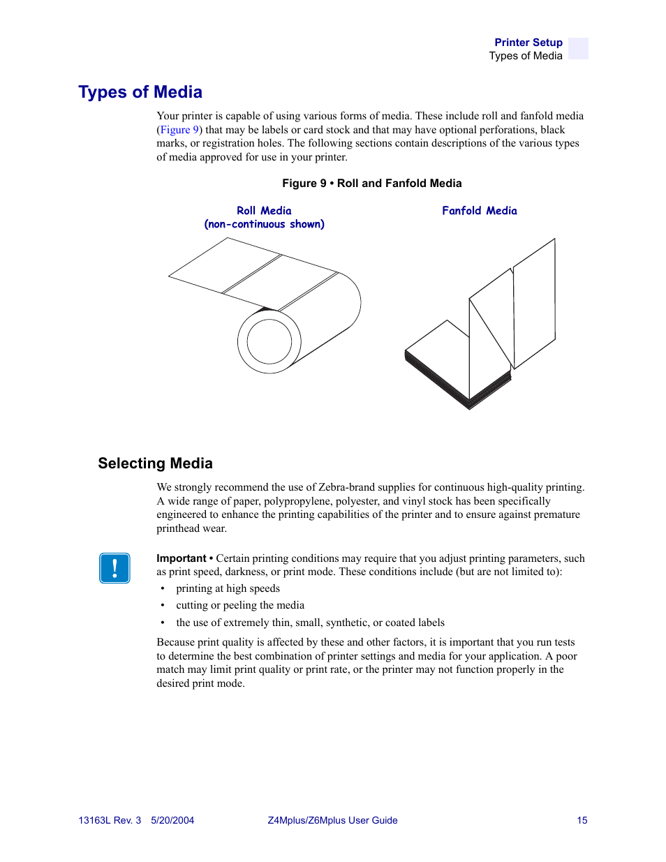Types of media, Selecting media | Zebra Technologies Z6Mplus User Manual | Page 33 / 142