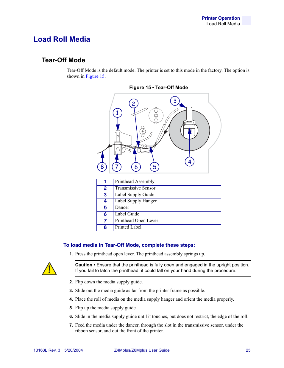 Load roll media, Tear-off mode | Zebra Technologies Z6Mplus User Manual | Page 43 / 142