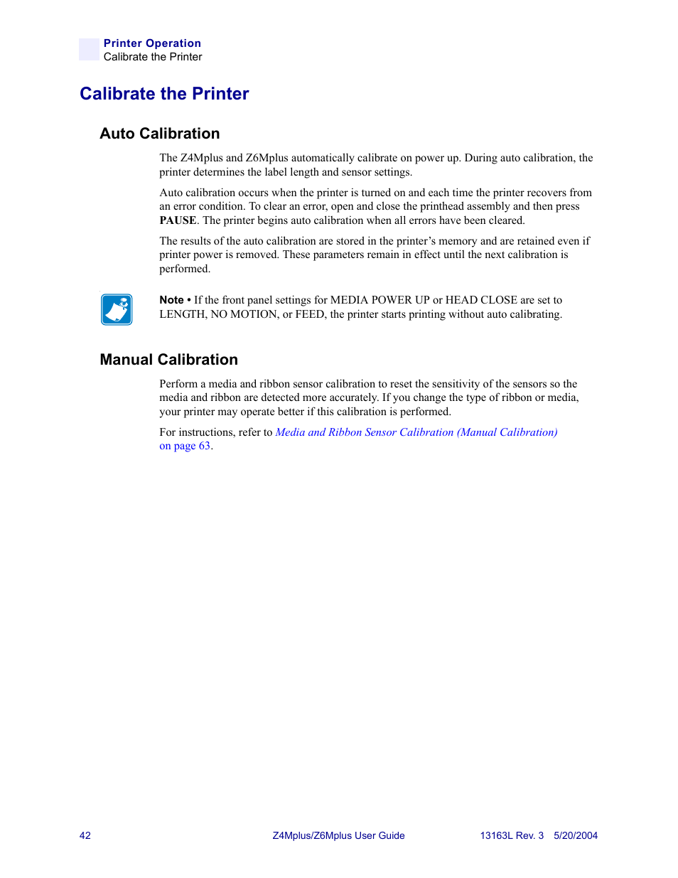 Calibrate the printer, Auto calibration, Manual calibration | Auto calibration manual calibration | Zebra Technologies Z6Mplus User Manual | Page 60 / 142