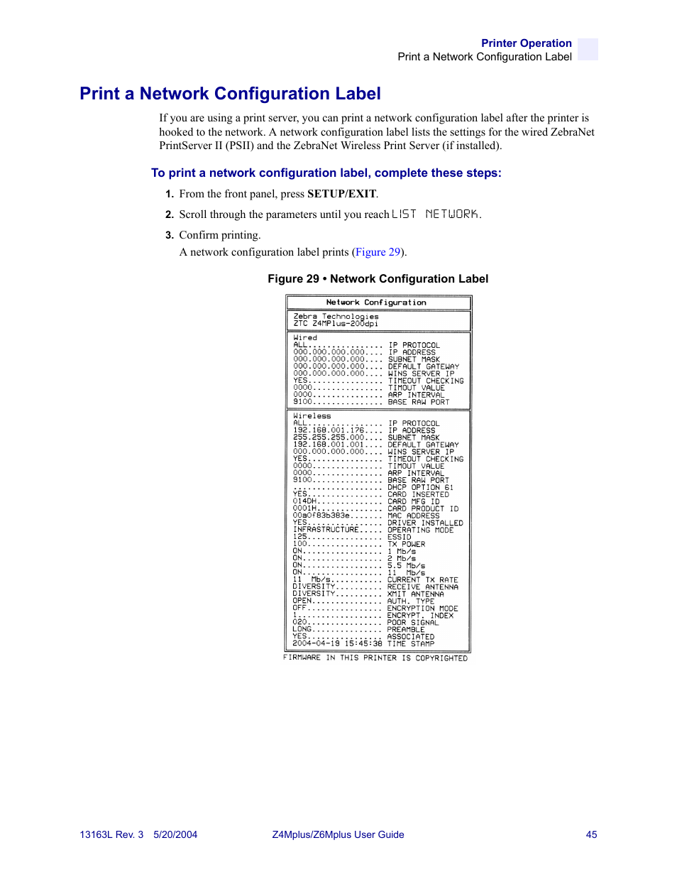 Print a network configuration label | Zebra Technologies Z6Mplus User Manual | Page 63 / 142