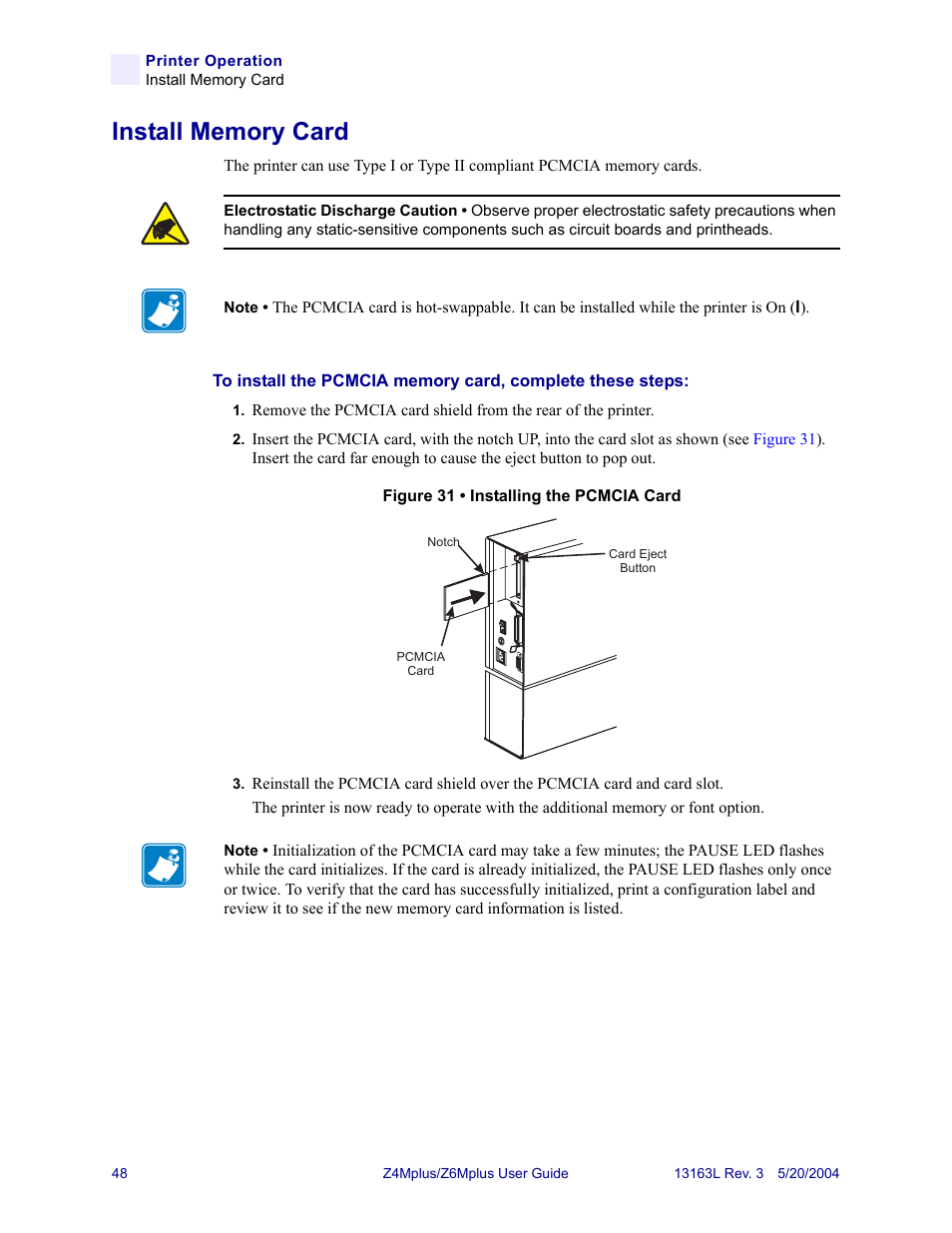 Install memory card | Zebra Technologies Z6Mplus User Manual | Page 66 / 142