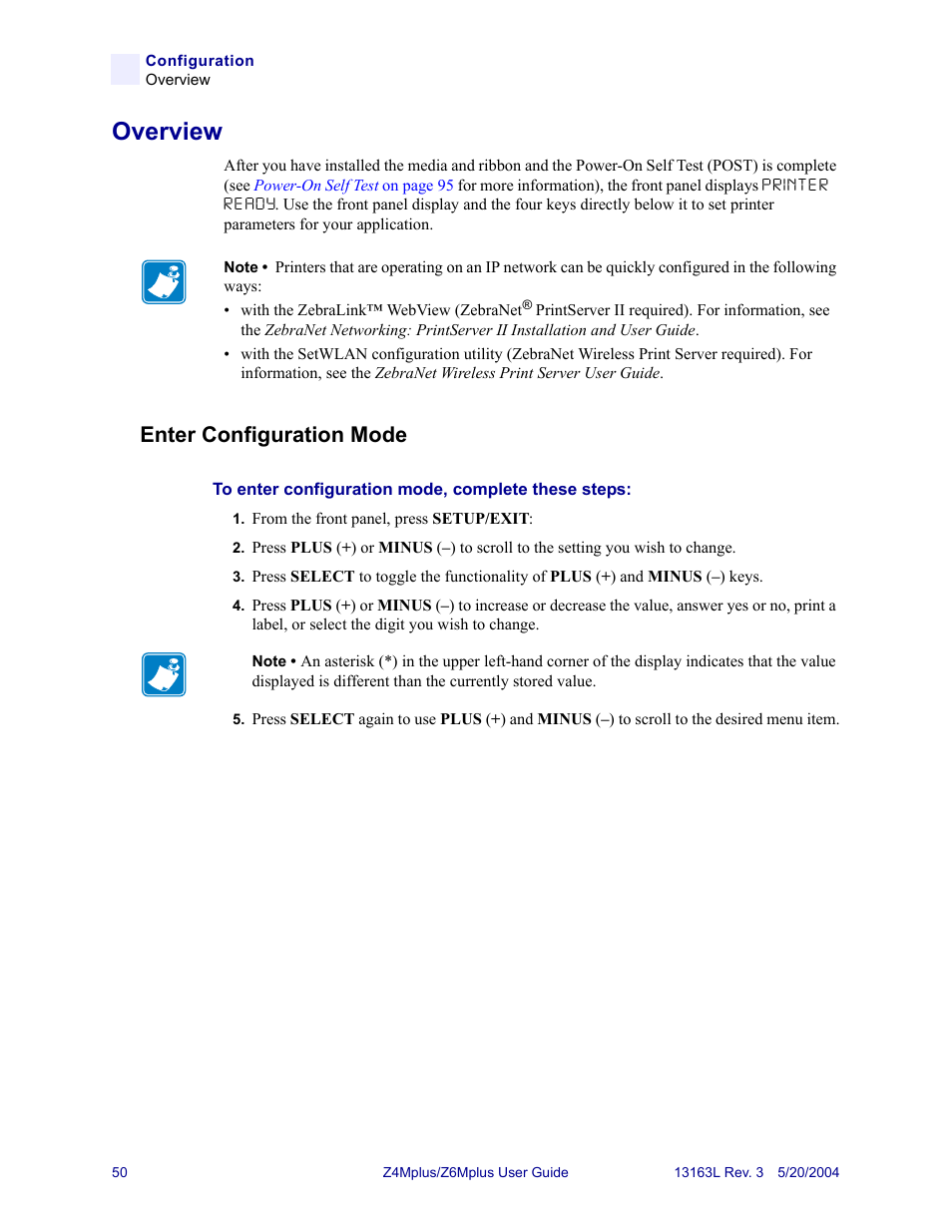 Overview, Enter configuration mode | Zebra Technologies Z6Mplus User Manual | Page 68 / 142