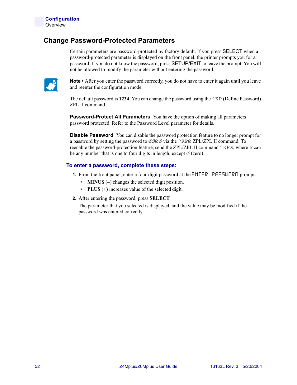 Change password-protected parameters | Zebra Technologies Z6Mplus User Manual | Page 70 / 142