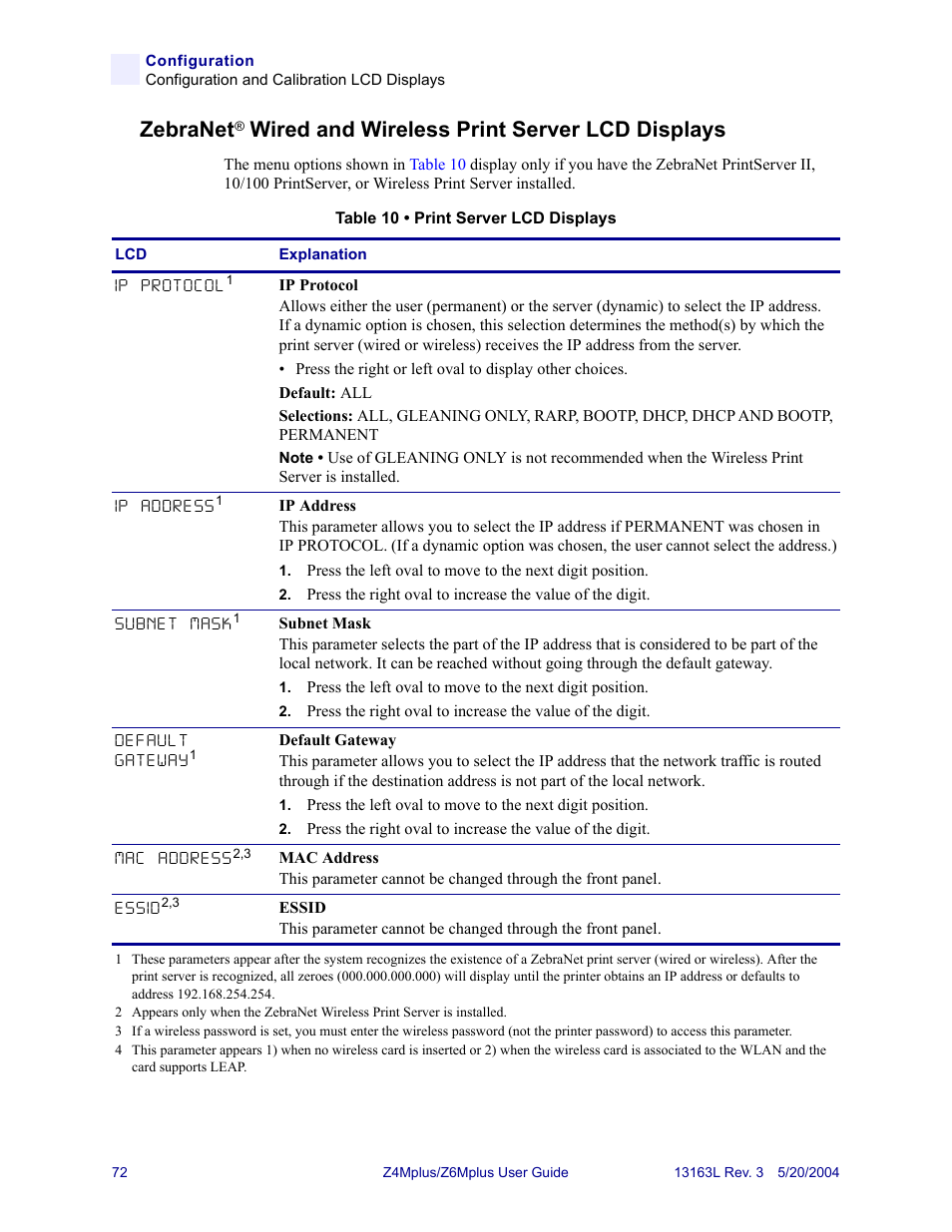 Zebranet, Wired and wireless print server lcd displays, Table 10 | Zebra Technologies Z6Mplus User Manual | Page 90 / 142