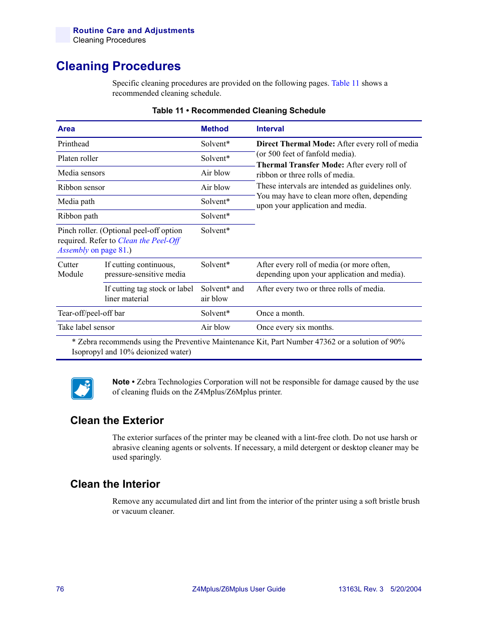 Cleaning procedures, Clean the exterior, Clean the interior | Clean the exterior clean the interior | Zebra Technologies Z6Mplus User Manual | Page 94 / 142