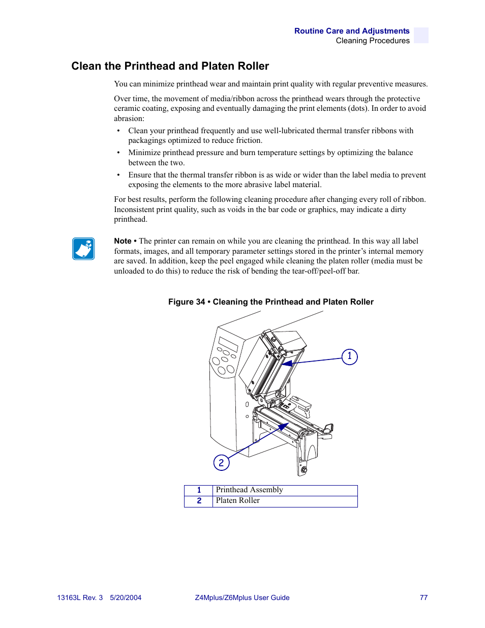 Clean the printhead and platen roller | Zebra Technologies Z6Mplus User Manual | Page 95 / 142