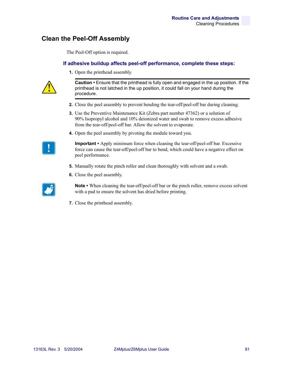 Clean the peel-off assembly, Required. refer to, Clean the peel-off | Zebra Technologies Z6Mplus User Manual | Page 99 / 142