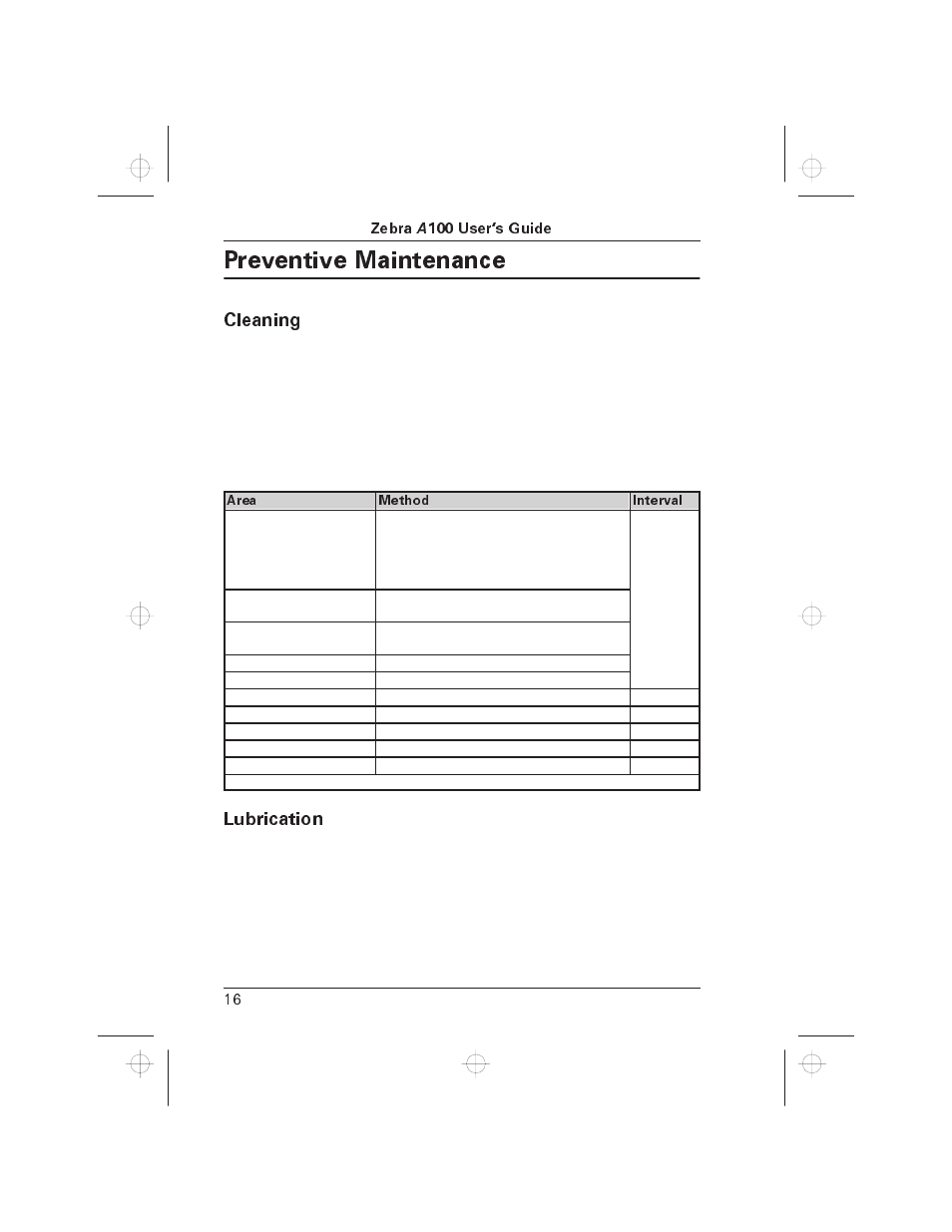 Preventive maintenance, Cleaning, Lubrication | Zebra Technologies A100 User Manual | Page 21 / 28