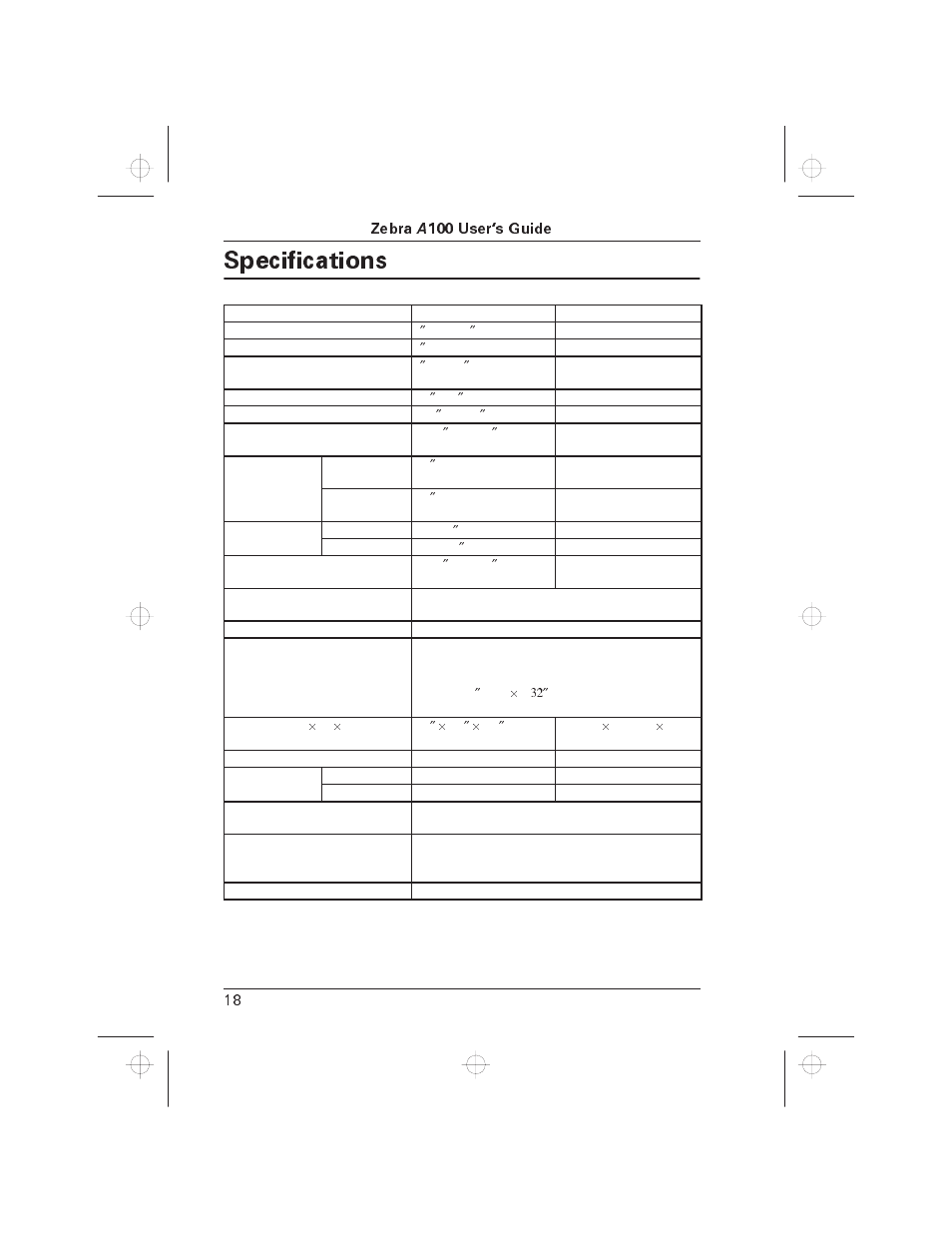 Specifications | Zebra Technologies A100 User Manual | Page 23 / 28