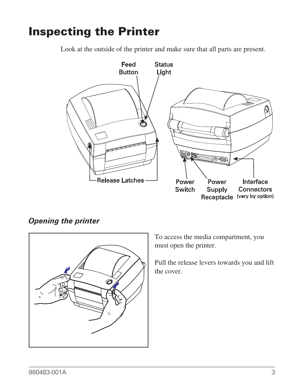 Inspecting the printer 3, Opening the printer 3, Inspecting the printer | Zebra Technologies Desktop Printer User Manual | Page 11 / 54