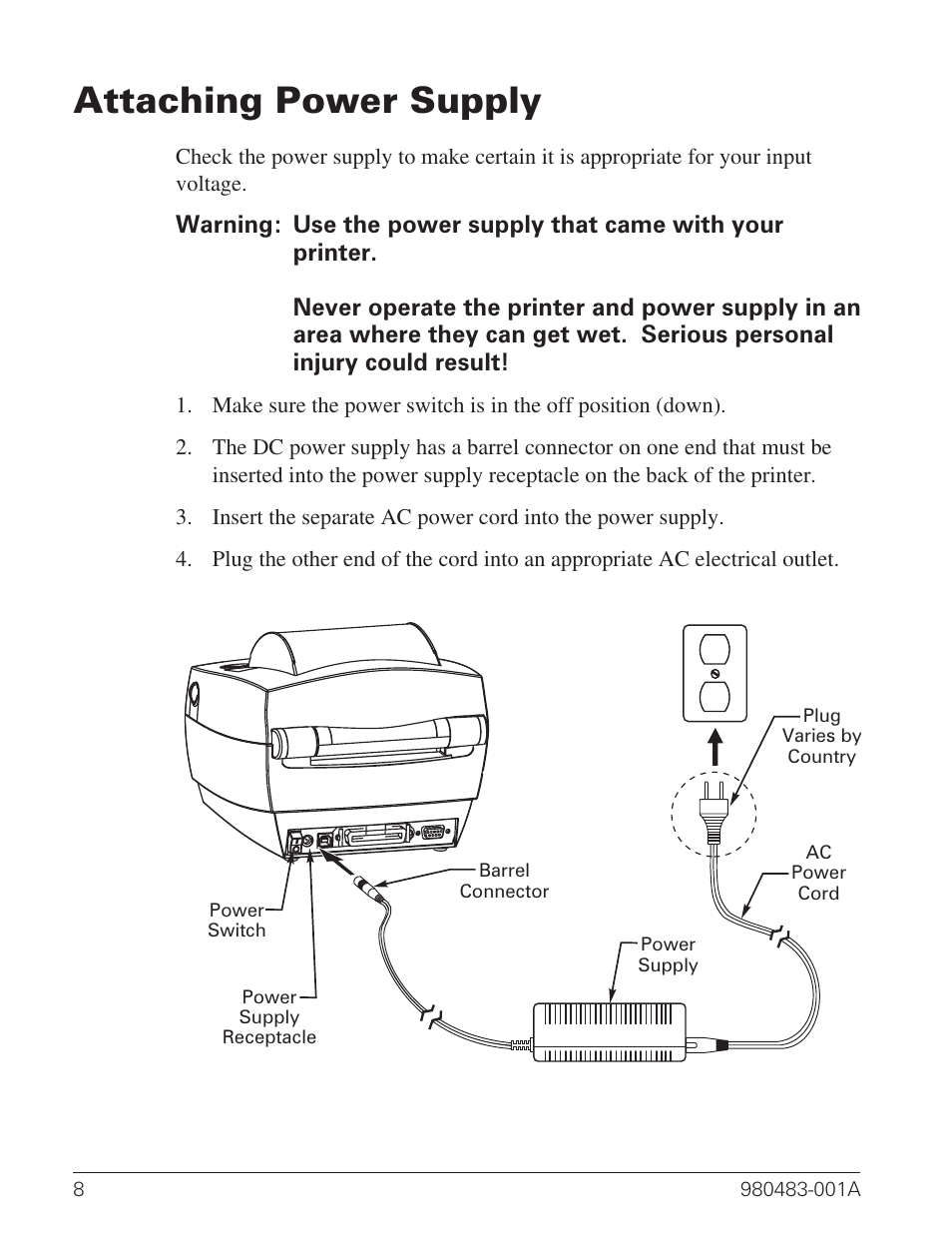 Attaching power supply 8, Attaching power supply | Zebra Technologies Desktop Printer User Manual | Page 16 / 54