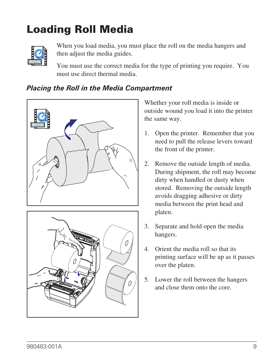 Loading roll media 9, Placing the roll in the media compartment 9, Loading roll media | Zebra Technologies Desktop Printer User Manual | Page 17 / 54