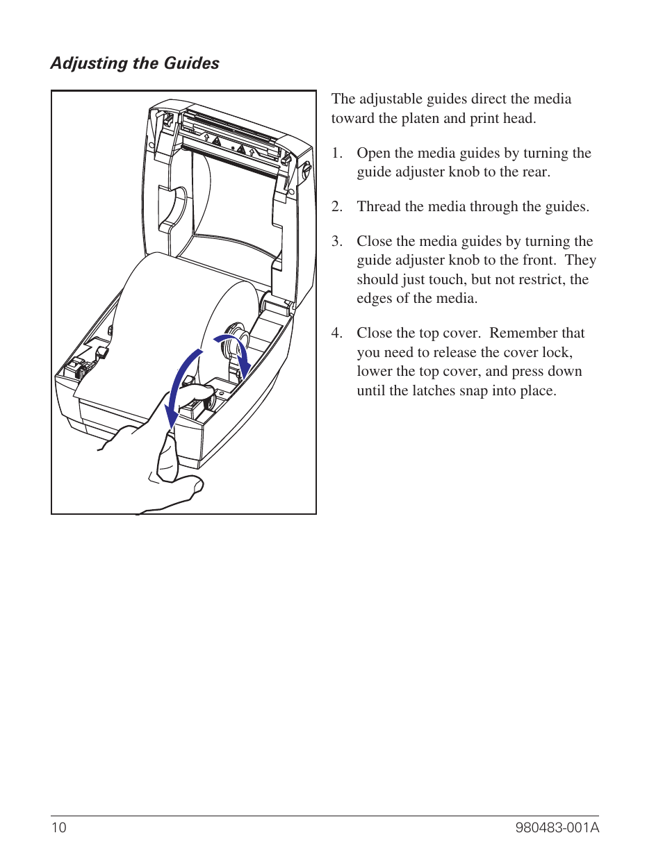 Adjusting the guides 10 | Zebra Technologies Desktop Printer User Manual | Page 18 / 54