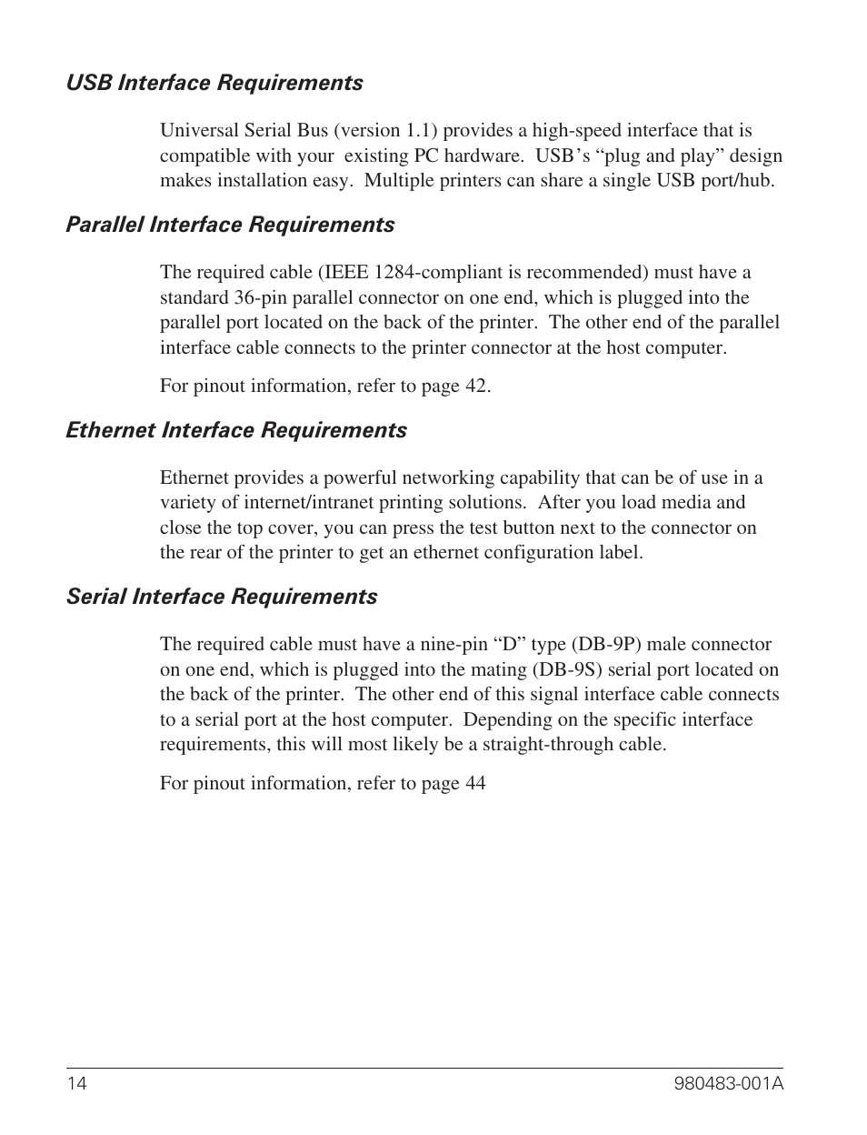 Usb interface requirements 14, Parallel interface requirements 14, Ethernet interface requirements 14 | Serial interface requirements 14 | Zebra Technologies Desktop Printer User Manual | Page 22 / 54