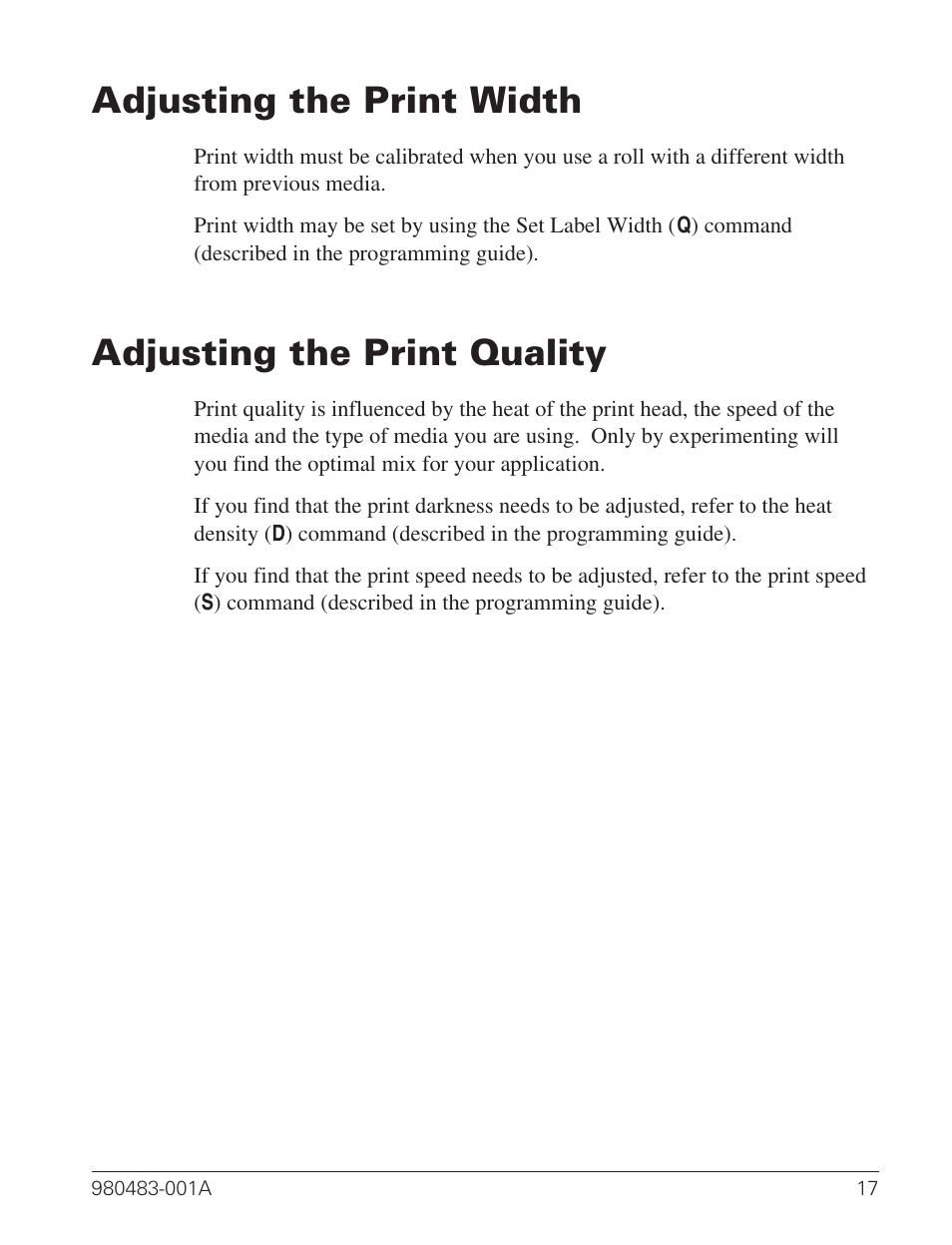 Adjusting the print width 17, Adjusting the print quality 17, Adjusting the print width | Adjusting the print quality | Zebra Technologies Desktop Printer User Manual | Page 25 / 54