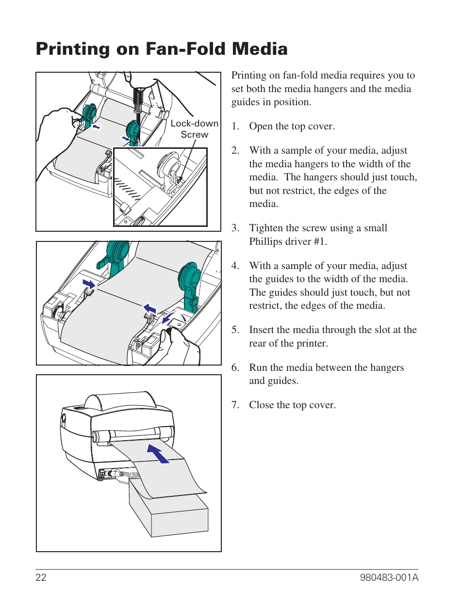 Printing on fan-fold media 22, Printing on fan-fold media | Zebra Technologies Desktop Printer User Manual | Page 30 / 54
