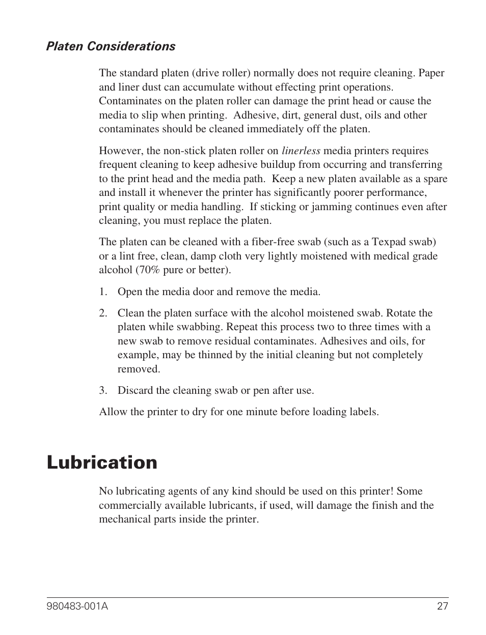Platen considerations 27, Lubrication 27, Lubrication | Zebra Technologies Desktop Printer User Manual | Page 35 / 54