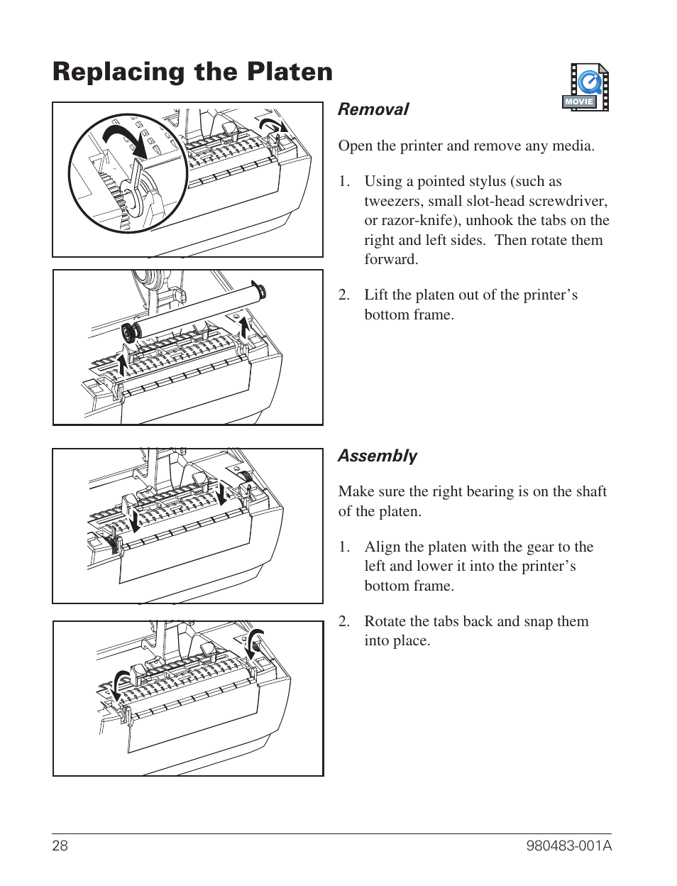 Replacing the platen 28, Replacing the platen | Zebra Technologies Desktop Printer User Manual | Page 36 / 54