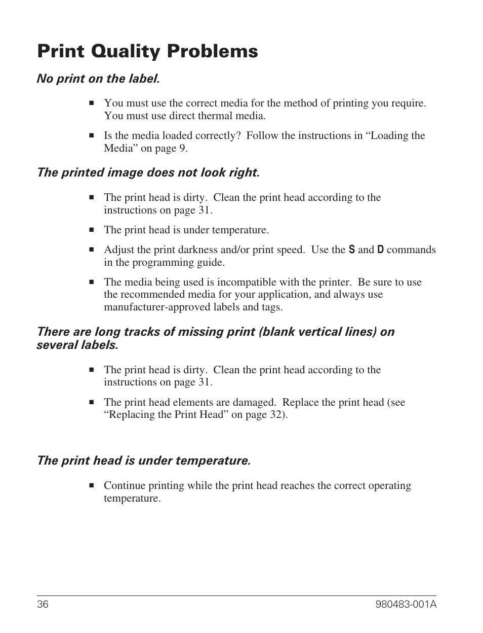 Print quality problems 36, Print quality problems, No print on the label | The printed image does not look right, The print head is under temperature | Zebra Technologies Desktop Printer User Manual | Page 44 / 54