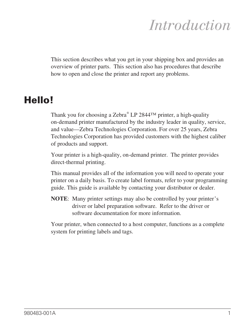 Introduction, Hello! 1, Hello | Zebra Technologies Desktop Printer User Manual | Page 9 / 54