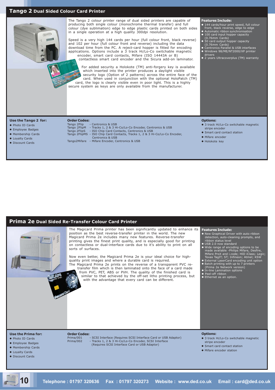 Prima 2e, Tango 2, Dual sided re-transfer colour card printer | Dual sided colour card printer | Zebra Technologies CARD PRINTER User Manual | Page 10 / 21